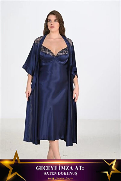 Letsii طقم روب ساتان كبير الحجم مكون من قطعتين باللون الأزرق الداكن