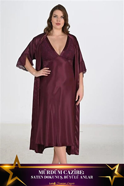 Letsii Large 2-Piece Satin Dressing Gown Set in Plum Color