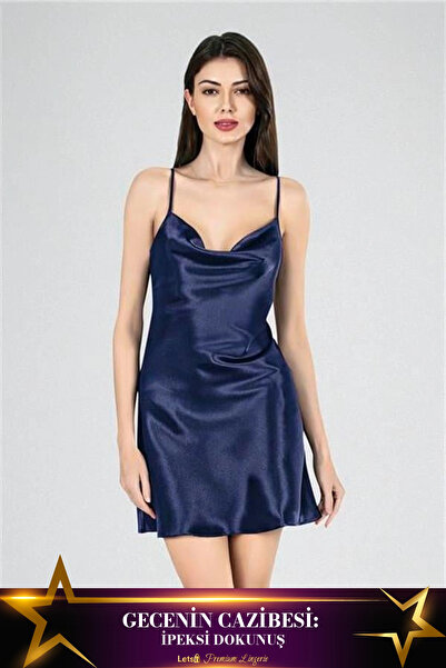 Letsii قميص نوم قصير من الساتان بياقة ديجاجي باللون الأزرق الداكن