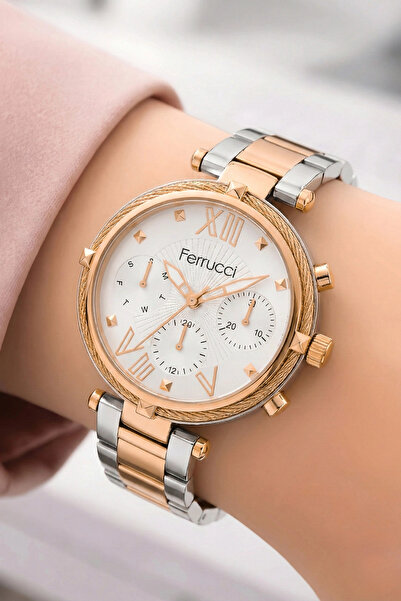 Ferrucci Kadın Kol Saati Çelik Kordon Çelik Kasa Taşlı Bileklik Hediyesi ile ...