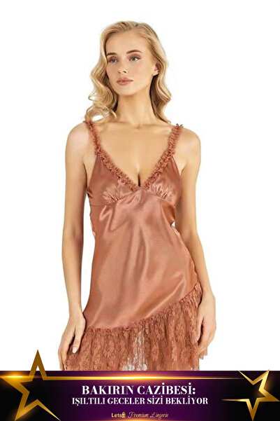 Markano قميص نوم قصير من الساتان مكون من قطعتين بقصة مريحة ولون نحاسي