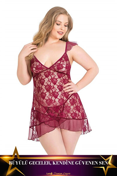 Letsii Large Short Tulle Nightgown Set in Burgundy Color