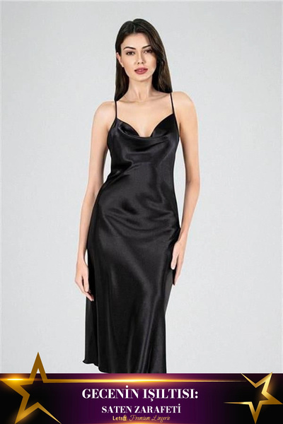 Letsii فستان نوم طويل من الساتان ديجاجي باللون الأسود