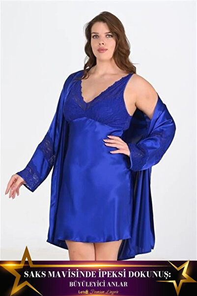 Letsii Large 2-Piece Satin Dressing Gown Set Saks Blue Color