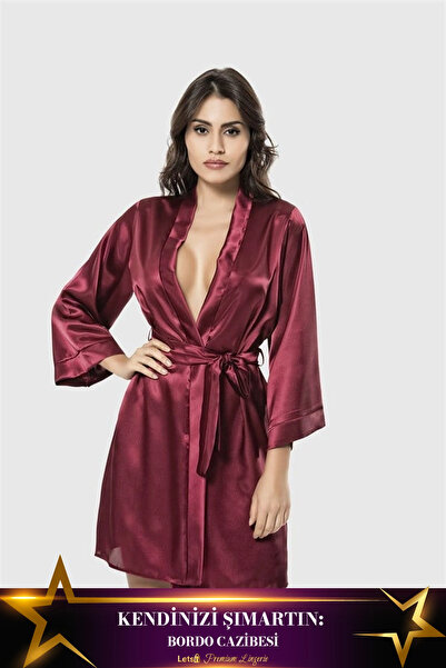Letsii Short Satin Women's Dressing Gown Burgundy Color