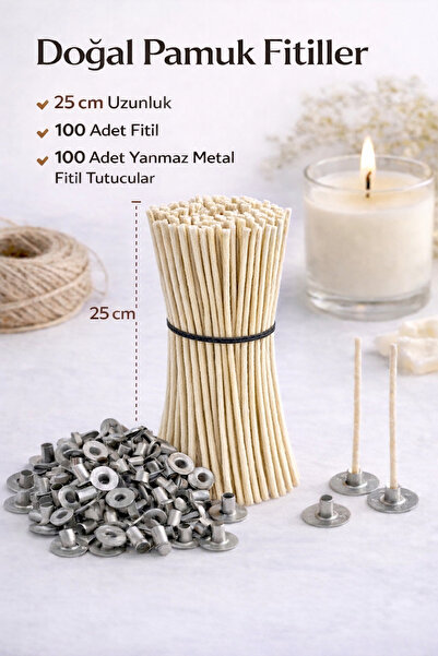 Lumiarte 25 cm Sert Mumlanmış Hazır %100 Pamuk Mum Fitili 100 Adet + Metal Fi...