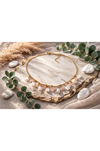 PORSE Pembe Kuvars Taşlı Sallantılı Doğal Taş El Yapımı Çelik Zincirli Kolye