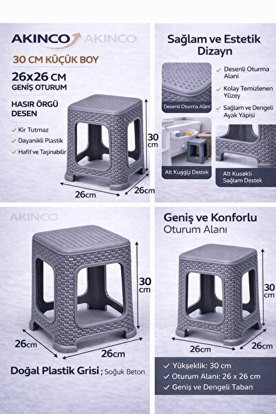 AKINCO 1 Adet Küçük GRİ Tabure Kir Tutmaz 30 cm Hasır Örgü Uygun Alt Kuşaklı ...