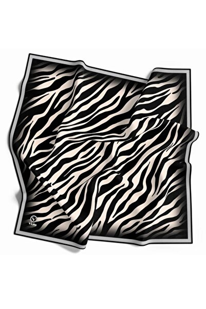 VİOLLA Twill Zebra Desenli Krem - Gümüş Renkli 90x90 Eşarp (İpek İçermez) Dik...