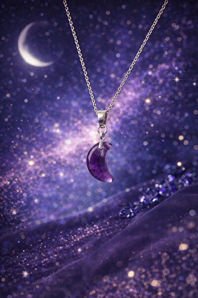PORSE Ametist Doğal Taşlı Ay Şekilli Çelik Zincir Kolye