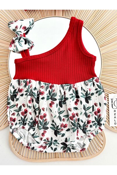Jammybaby Kokina Flower Patterned One Shoulder Camisole 100% Cotton Baby Girl Romper and XL Bandana Set