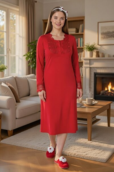 big mama Black and Red Women's Long Sleeve Lace Cotton Nightgown - Red & Blac...