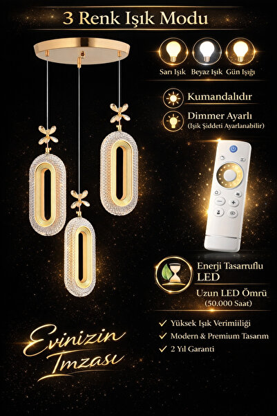 Marsel Lighting SERRA Model 3'lü Gold 3 Renk Modu Ledli Modern Salon Mutfak O...