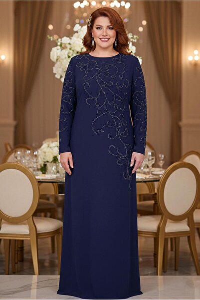 TRENDTESETTÜR Navy Blue Jewelled Plus Size Women's Evening Dress - t 3231