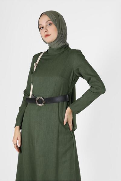 Alvina فستان بأكمام وأزرار وتفاصيل جلدية 42252