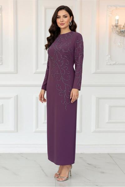 TRENDTESETTÜR KADIN MOR (VİOLET) TAŞLI BÜYÜK BEDEN ABİYE ELBİSE T 3231