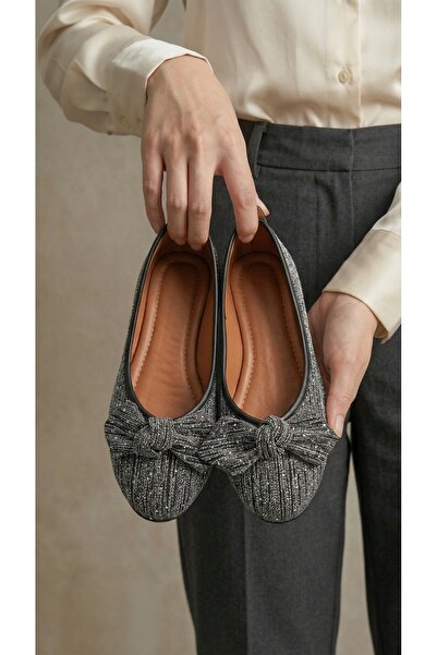 Beyond Women's Platinum Stone Detailed Bowknot Ballerinas 1cm Byndskl02