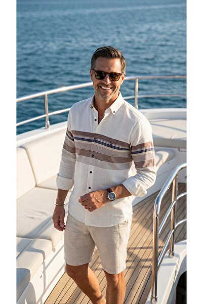 MEGALDİ Erkek Slim Fit Kesim Linen Keten Blok Desenli Beyaz Kahverengi Uzun K...