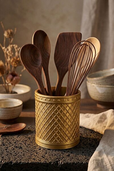 Evene Tezgah Üstü Kaşıklık Dekoratif Dik Kaşıklık Silindir Kaşıklık Altın Ren...