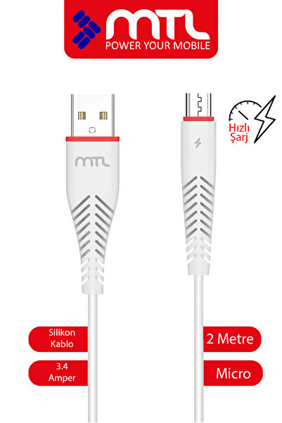 MTL 3.4A USB to Micro USB Hızlı Şarj ve Veri Aktarım Kablosu 2 Metre MT2023