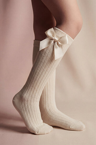 Katia&Bony Детски чорапи до коляното с ребра, панделка и панделка в цвят екрю