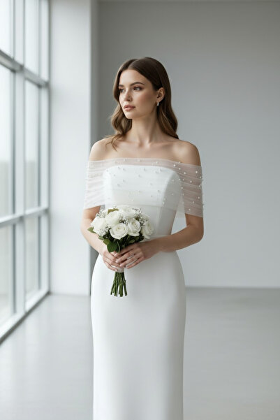 ENDAMIM İnci Detaylı Straplez Nikah Elbisesi Omzu Açık, Slim Kalıp, Beyaz Abiye