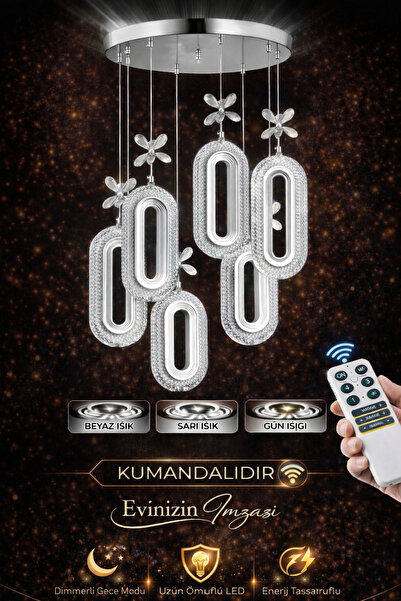 Marsel Lighting Serra 6lı krom 3 renk led secenekli kumandali avize salon otu...