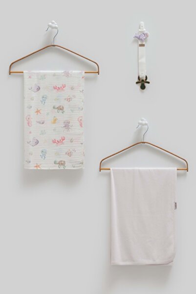 Caramell Basic Boxed Double Blanket Pacifier Hanger Triple Set -80X85 cm Lilac