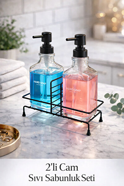 TncPatiShop 2li Cam Sıvı Sabunluk, Siyah Standlı Sabunluk Seti, Metal Kare St...