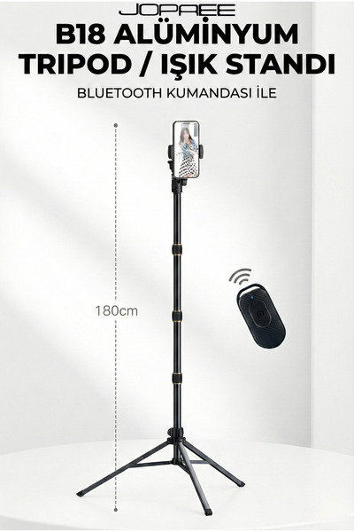 B18 Alüminyum Tripod / Işık Standı 180 Cm Maksimum Uzunluk-Telefon Tutucu+Çanta+Kumanda