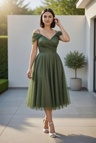 FaBe Fashion Ip Askılı Düşük Kollu Kruvaze Yaka Beli Büzgülü Midi Simli Dante...