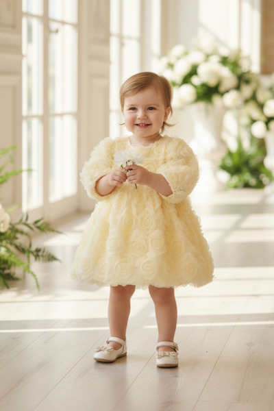 Bertuğ Bebek فستان ميفلوت للفتيات بأكمام طويلة وتنورة منتفخة مع ياقة بلون الإكرو