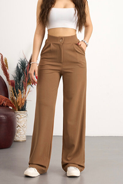 BİKELİFE Kadın Yüksek Bel Cepli Esnek Geniş Paça Taba Pantolon