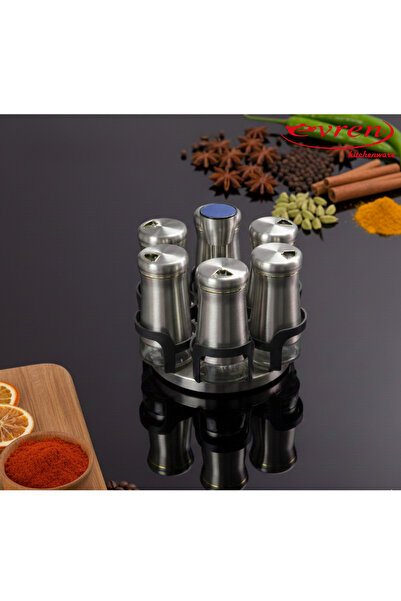 Evren 6’lı Cam Baharatlık Seti, Yuvarlak Tuzluk Biberlik Takımı ve Döner Stant