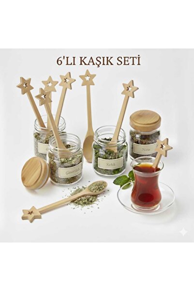 HOMEFECT BAMBU ÇAY,BAHARATLIK KAŞIK 6 LI SET YILDIZ FİGÜRLÜ