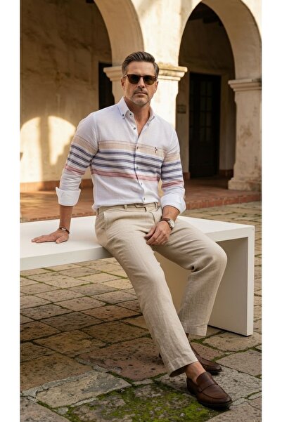 MEGALDİ Erkek Slim Fit Kesim Linen Keten Blok Desenli Bej Mavi Uzun Kollu Gömlek