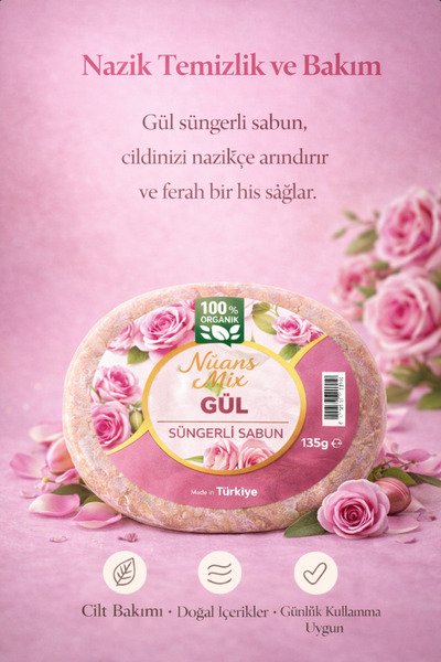 Nüans mıx Gül Özlü Doğal Süngerli Sabun 135 g – Rose Sponge Soap
