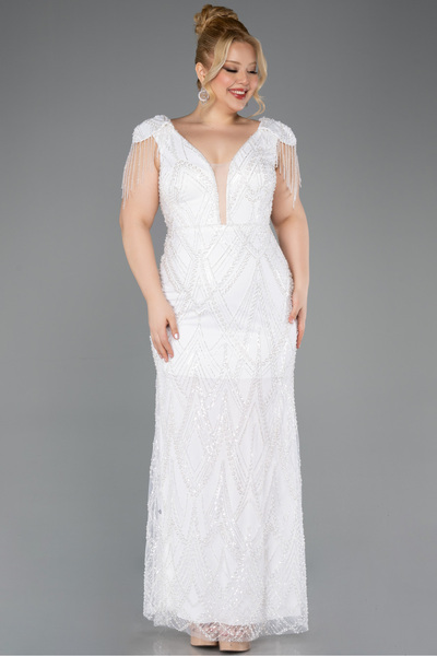 Abiyefon Ekru Boncuklu Kısa Kol V Yaka Uzun Büyük Beden Abiye ABU5336