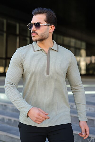 masso Men's Corded Fabric Fabric Polo Neck Half Zipper Sweater