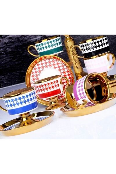 Kosova 6-Person Houndstooth Cup Set - Gold Inside 90 Cc