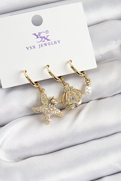 Skygo Brass Zircon Stone Starfish and Oyster Model Gold Color 3-Piece Women's...
