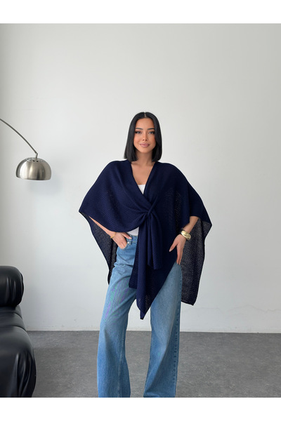 MODAMERSİ Women's Navy Blue Front Detailed Poncho Cardigan