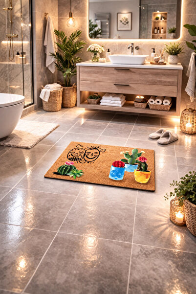 esnature سجادة باب أمامية بنمط الصبار مقاس 45 × 70 سم