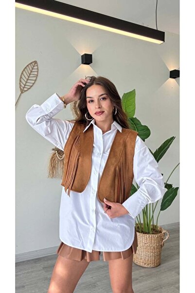 Maxi modena سترة عصرية بتفاصيل شراشيب - أسلوب قوي وحر - بلون أسمر