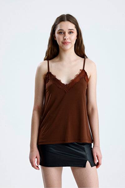 schlank Women's Chocolate Brown Lace Blouse with Rope Straps