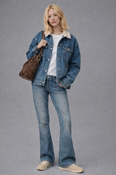 september island مورغان سموكي بلو ستريب منقوش بخصر منخفض جينز واسع الأرجل