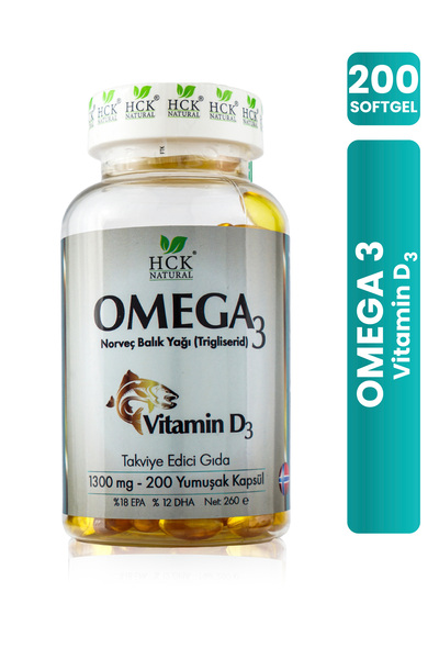 HCK NATURAL Omega 3 1000 mg 200 Kapsül Norveç Balık Yağı Vitamin D3 Fish Oil ...