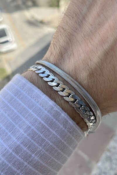 TOMKORS Erkek yüzde yüz çelik bileklik zincir 2li set kararmaz renk atmaz pas...