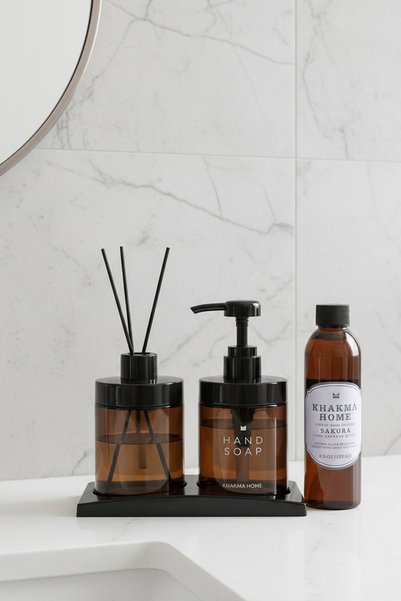 KHAKMA Sakura Scented Amber Soap Dispenser Set - 220 ml Liquid Soap Dispenser, Diffuser and Refill Scent