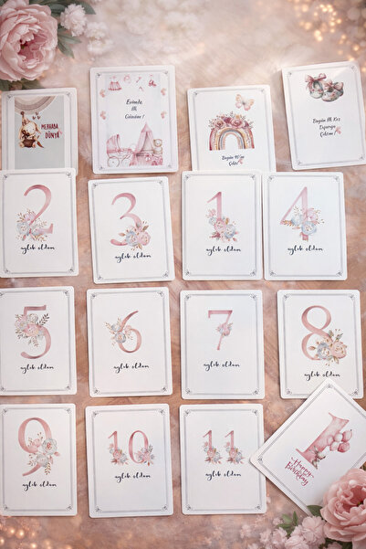 Mapel Kız Bebek Anı Kartları | Aylık Fotoğraf Kartı Seti | 1–12 Ay + Özel Gün...